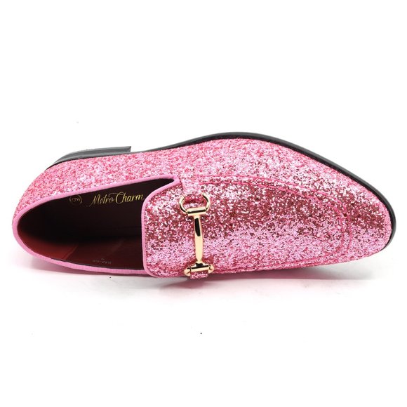 Pink Glitter Men's Vintage Designer Classic Smoking Dress Tuxedo Loafers Shoes - Picture 4 of 6